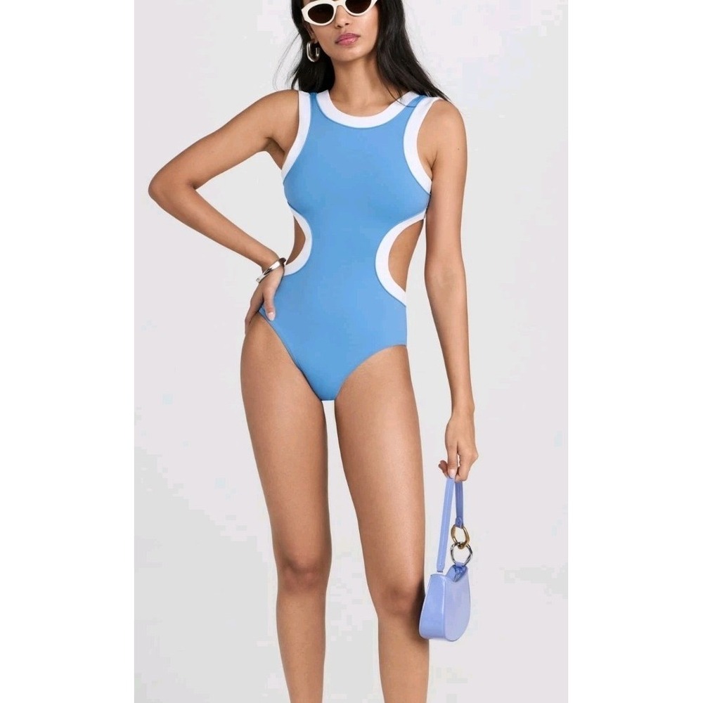 STAUD Women's Dolce One Piece Swimsuit in AZZURE /White Sz M
